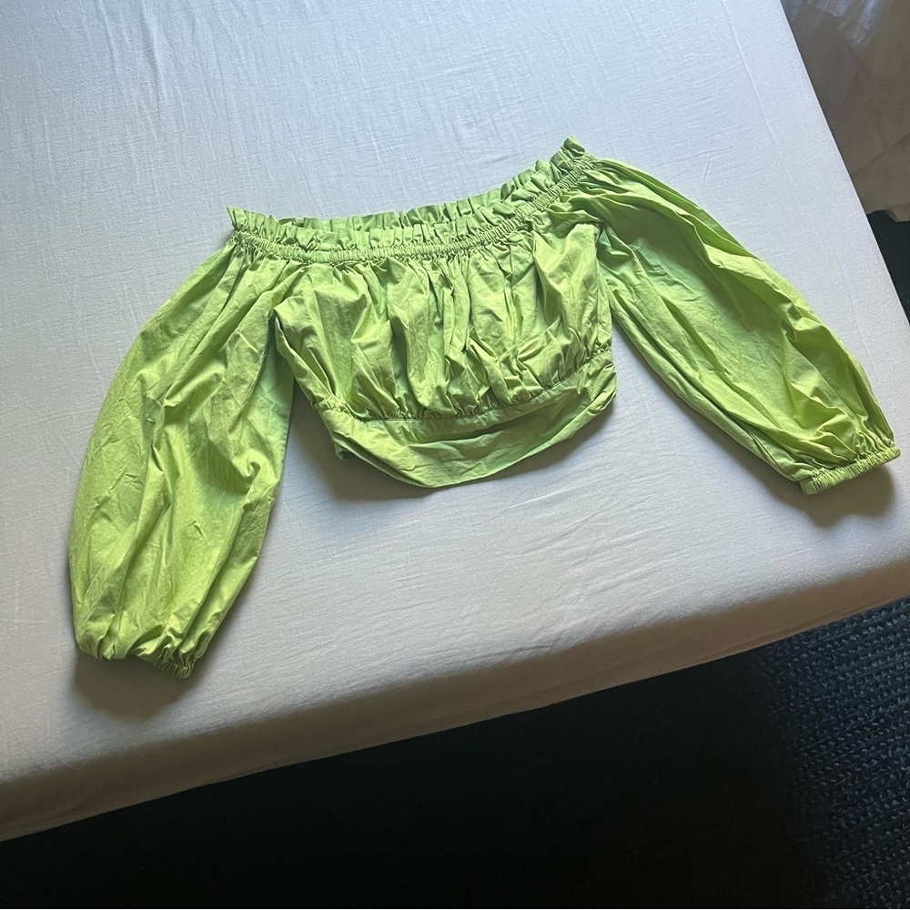 Song of Style green cropped ruffle puff long sleeve off shoulder blouse